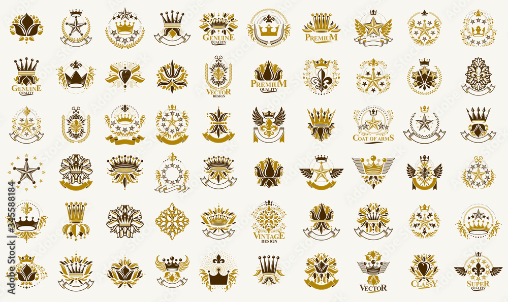 Classic style crowns and stars emblems big set, ancient heraldic symbols awards and labels collection, classical heraldry design elements, family or business emblems with coronets. - obrazy, fototapety, plakaty 