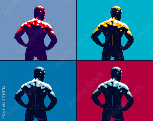 Strong muscular man back vector illustration, bodybuilder athlete sportsman, strength and health lifestyle.