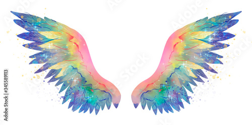Beautiful magic shiny glittery rainbow wings, watercolor effect © Евгения Савченко