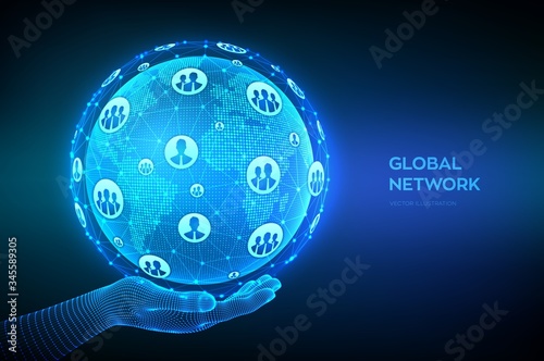 Global network connection. World map point and line composition. Earth globe in wireframe hand. Concept of global business. Blue futuristic internet connection background. Vector Illustration.