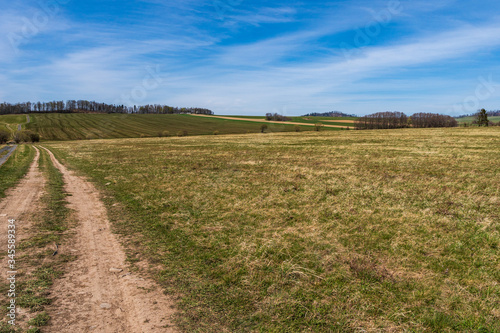 pasture in a mountain area in spring with blue sky