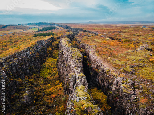 Aerial view of canyon in national park Thingvellir, Iceland, autumn landscape