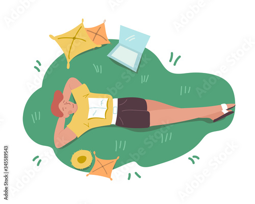 Young redhead freelance worker student lying on the green grass with a book, laptop and yellow pillows. Top view. Relaxation. Simple background. Vector cartoon colored flat illustration.