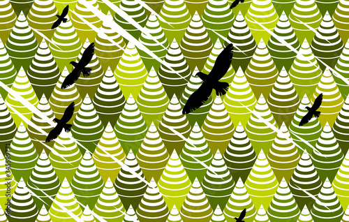 Spruce forest and eagles flying over trees optical seamless background, vector pattern. photo