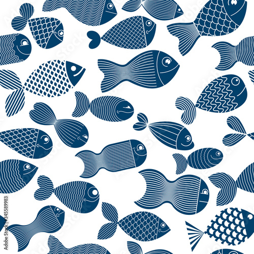 Cute fiches seamless background, seamless pattern, cute childish background for children textile or wrapping paper or packaging for seafood products.