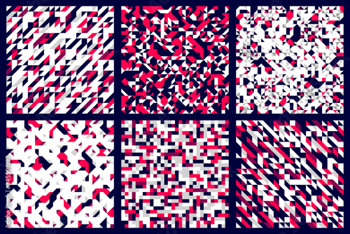 Mosaic seamless patterns set, geometric chaotic tiling vector backgrounds for wallpapers, wrapping paper or website backgrounds.