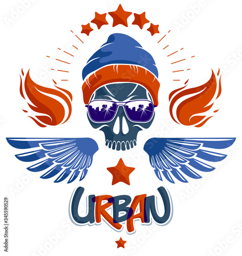 Skull in sunglasses and hat, urban theme vector logo or emblem, gangster or thug illustration, anarchy chaos hooligan, ghetto theme.