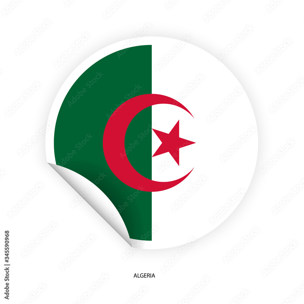 Algeria sticker flag in circle peeled shape on white background. Algeria flag icon in circular peeled form. Algeria sticker flag in circle peeled shape on white background. Algeria flag icon in circular peeled form.
