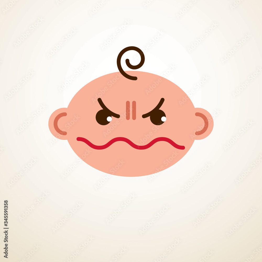 Obraz premium Cute baby cartoon vector flat icon, angry sad and unhappy child emoji.
