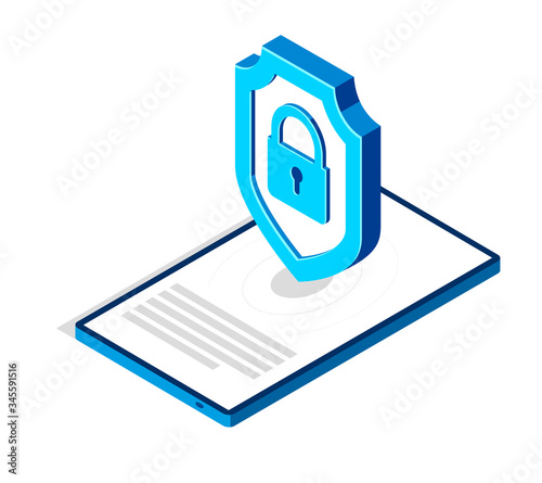 Electronic data protection and cyber security vector isometric conceptual illustration, isolated on white, mobile app antivirus internet fraud protection personal information.