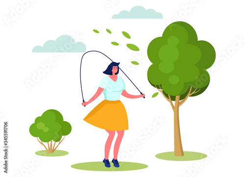 Active sport people vector illustration. Cartoon happy flat woman character smiling, jumping with skipping rope, have fun from outdoor exercise in summer city park. Healthy lifestyle isolated on white