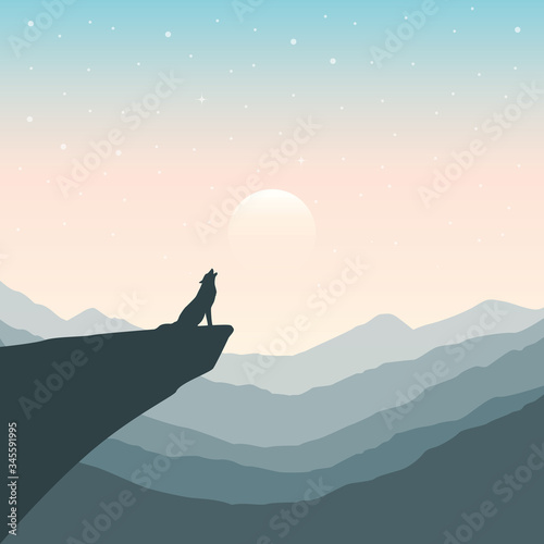 wolf on a cliff howls at full moon mountain nature landscape vector illustration EPS10