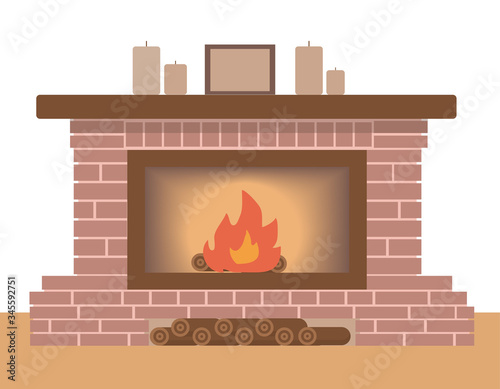 Winter interior bonfire. Classic fireplace made of brown bricks.