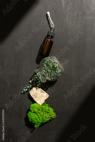 top view of bottles with natural cosmetics.