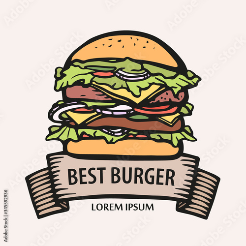 Big burger logo with ribbon. Hand-drawn burger hot dish. delicious sandwich line vector stock illustration. concept for Menu, fast food. Icon.