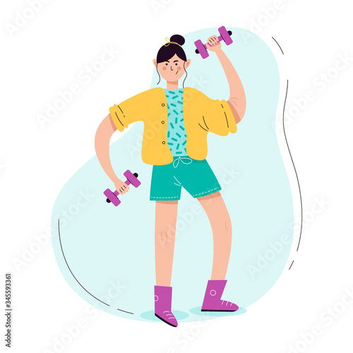 Cute woman holding dumbbells. Girl character in a modern style training. Fitness lady. Vector flat isolated illustration
