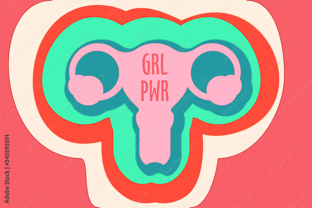 Uterus with ovaries. Happy Women's Day and feminism background abstraction. Female reproductive organs, womb. My body my rules, feminism concept. Woman's symbol, vagina GRL PWR. Women's health. Uterus with ovaries. Happy Women's Day and feminism background abstraction. Female reproductive organs, womb. My body my rules, feminism concept. Woman's symbol, vagina GRL PWR. Women's health.