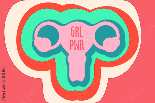 Uterus with ovaries. Happy Women's Day and feminism background abstraction. Female reproductive organs, womb. My body my rules, feminism concept. Woman's symbol, vagina GRL PWR. Women's health.