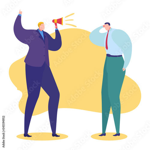 Work problems vector illustration. Cartoon flat angry boss character shouting in loudspeaker megaphone at sad man employee for bad job, professional business task fail concept isolated on white