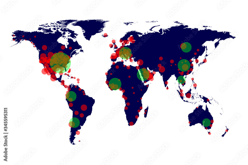 Fototapeta premium Coronavirus (COVID-19) spread on world map confirmed cases report worldwide with red circle and recovered case with green circle