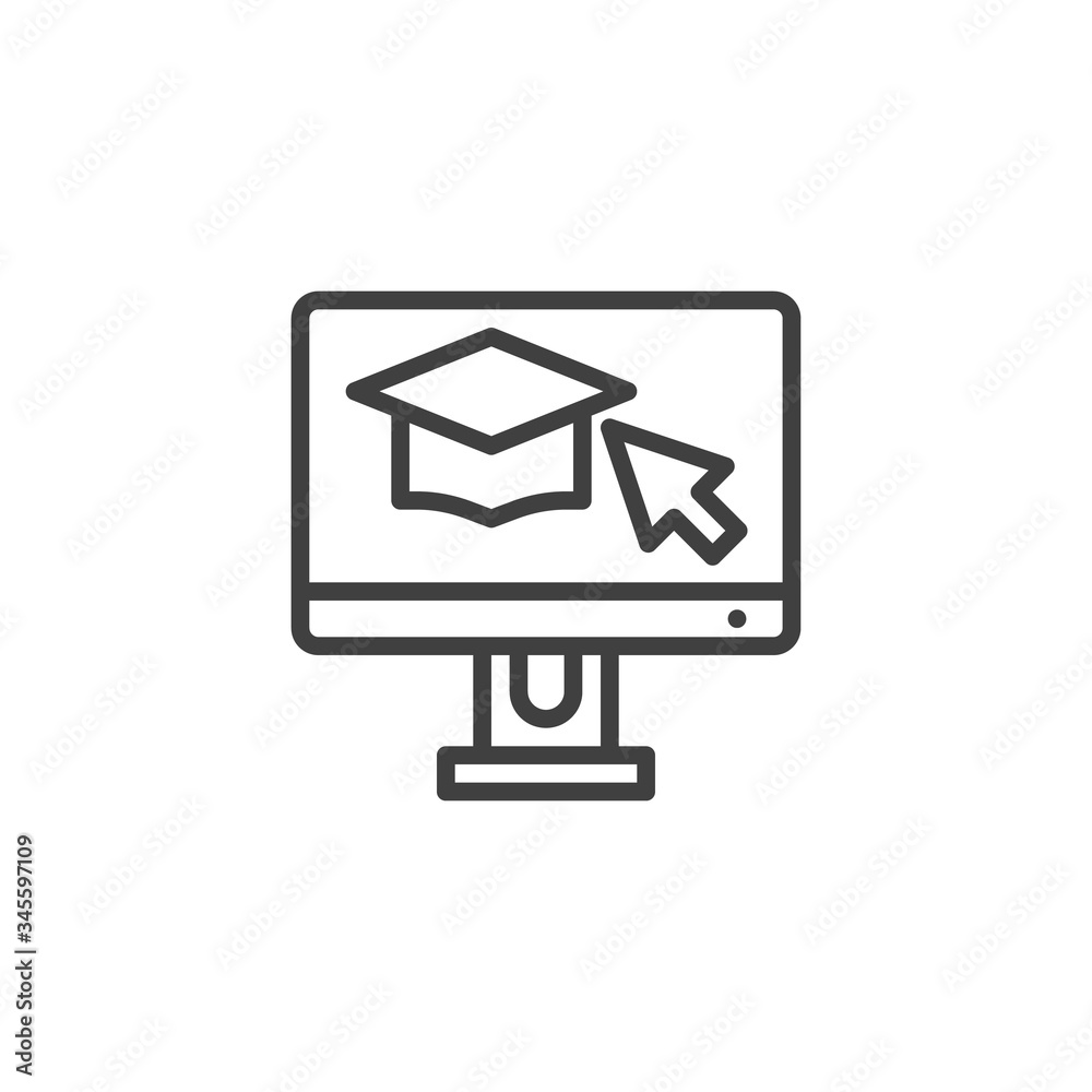 Computer monitor with graduation cap line icon. linear style sign for mobile concept and web design. Online learning, e-learning outline vector icon. Symbol, logo illustration. Vector graphics Computer monitor with graduation cap line icon. linear style sign for mobile concept and web design. Online learning, e-learning outline vector icon. Symbol, logo illustration. Vector graphics
