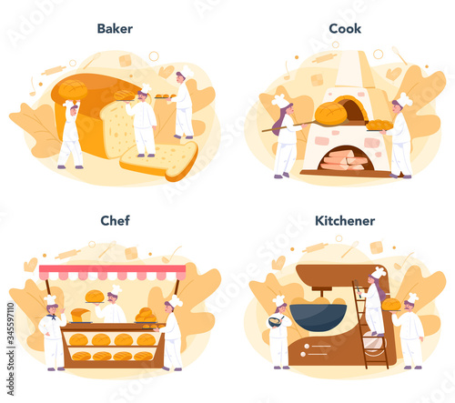 Baker and bakery concept set. Chef in the uniform baking bread.