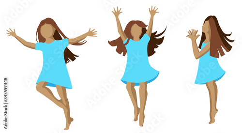 joyful and happy girl in a blue dress bounces