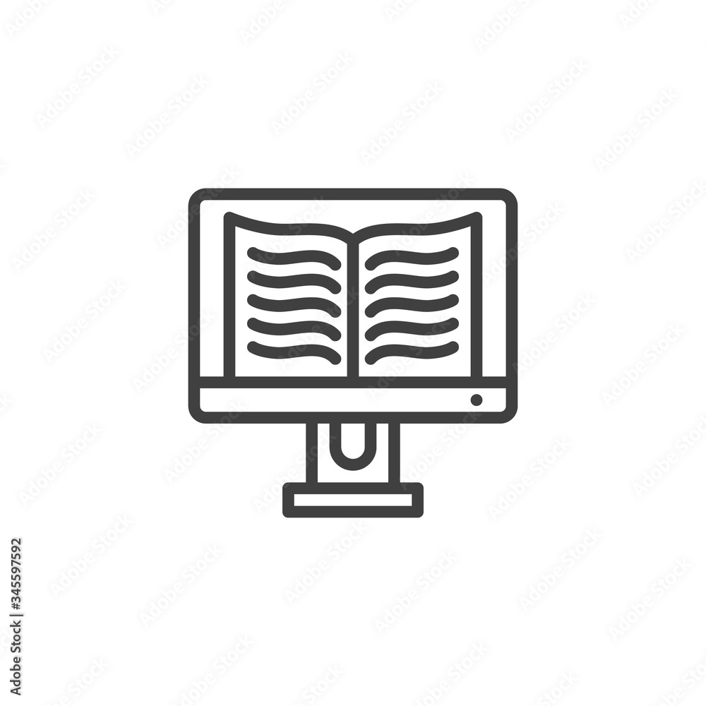 Online book reading line icon. linear style sign for mobile concept and web design. Computer display with e-book outline vector icon. E-learning symbol, logo illustration. Vector graphics Online book reading line icon. linear style sign for mobile concept and web design. Computer display with e-book outline vector icon. E-learning symbol, logo illustration. Vector graphics