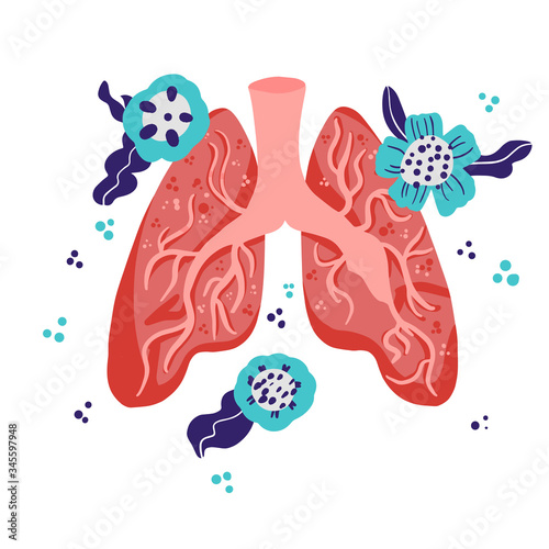 Vector healthy lungs on flowers. Illustration for label, advertisement of pulmonary medicine, poster or banner for pulmonology clinic, design for website or article about respiratory system health.
