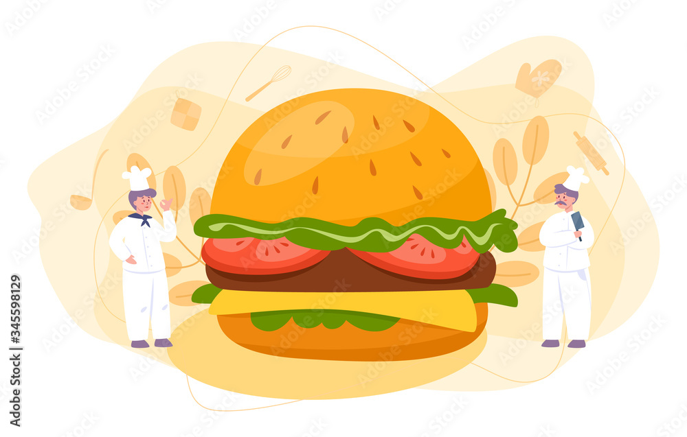 Fast food, burger house concept. Chef cook tasty hamburger with Fast food, burger house concept. Chef cook tasty hamburger with