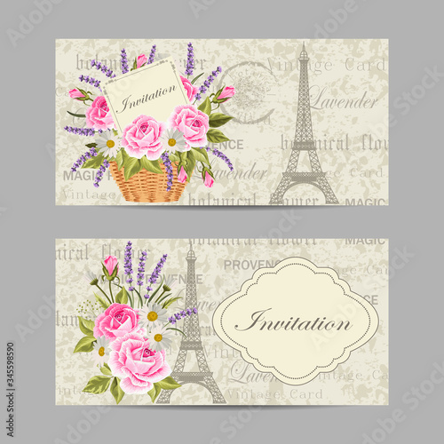 Set of horizontal banners with Eiffel Tower and flowers on vintge background photo