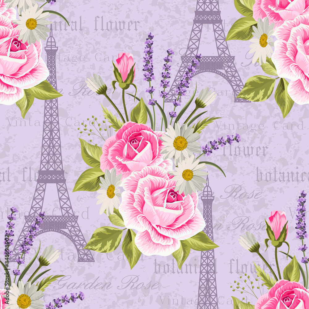 Seamless floral pattern with Eiffel towers on vintage postcard background. Vector illustration