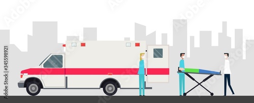 Rescue team provides first aid. Ambulance concept in flat style isolated. Young doctor paramedic man and woman, ambulance and patient on stretcher. Ambulance emergency paramedic carrying patient.