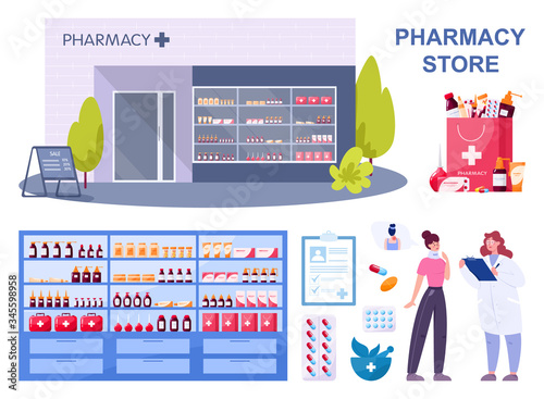 Modern pharmacy building exterior. People order and buy medicaments