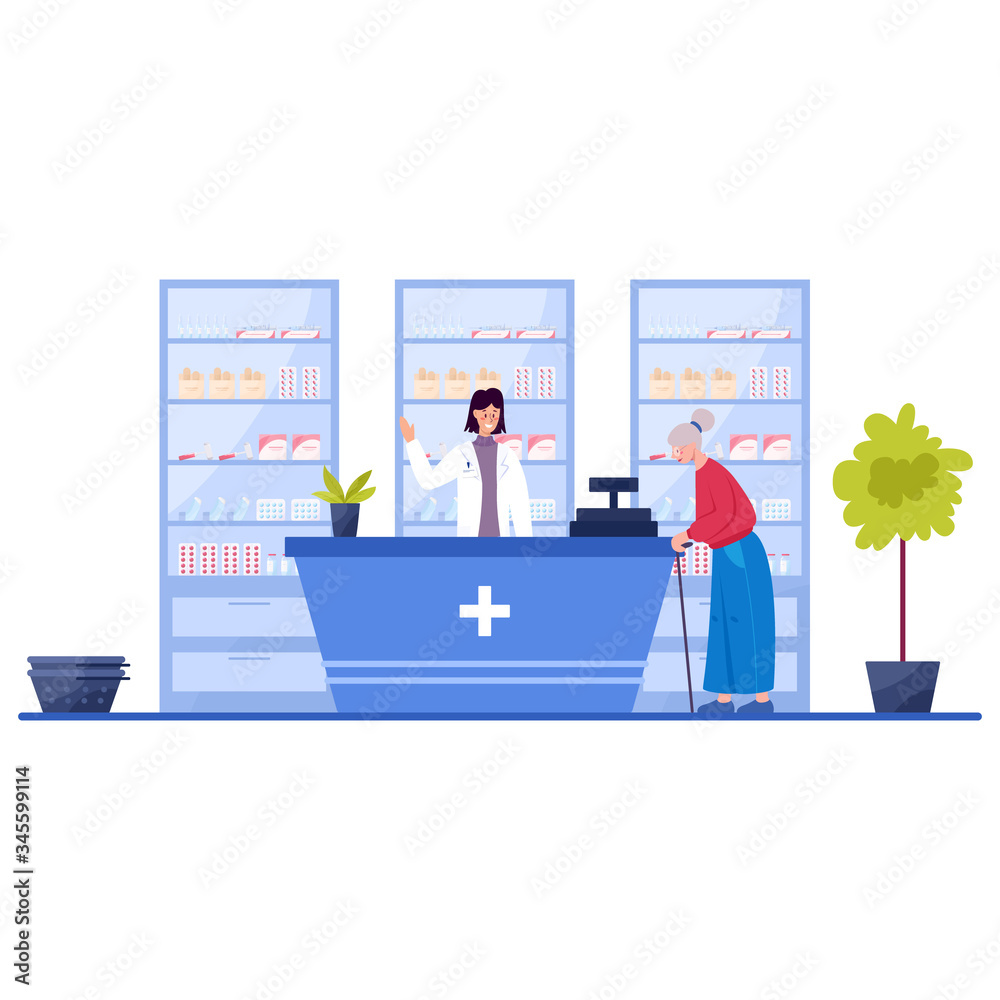 Modern pharmacy interior with visitor. Client order and buy Modern pharmacy interior with visitor. Client order and buy