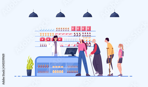 Modern pharmacy interior with visitor. Client order and buy
