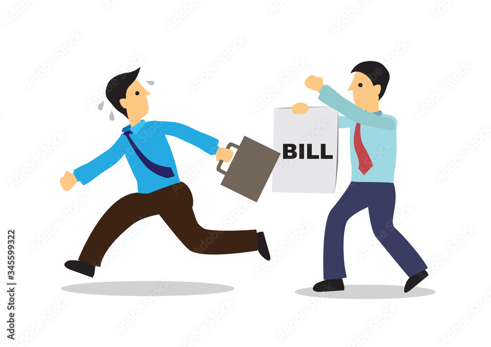 Businessman running away from a man with a bill. Business concept of escape or debt.