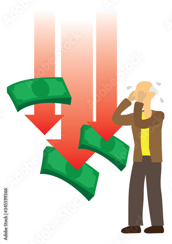 Old age man with money drop and red arrows. Concept of recession, investment or pension loss.