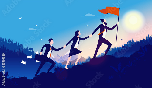 Leadership - Three businesspeople working together to achieve goal. Walking up challenging hill to plant flag on top. Teamwork creates success, overcome adversity, challenge and opportunities concept.