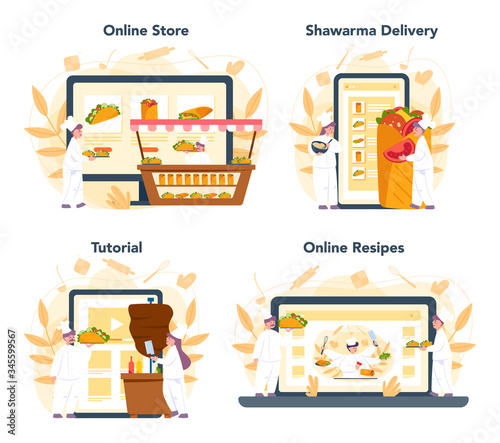 Shawarma street food online service or platform set. Kebab fast food