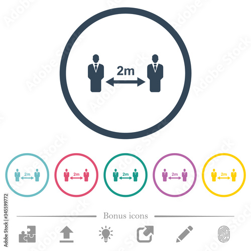 Social distancing 2 meters flat color icons in round outlines