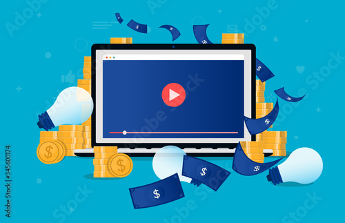 Video content income - Laptop with movie on screen, lightbulbs and money flying around. Influencer, vlog and earn money from videos online concept. Vector illustration.