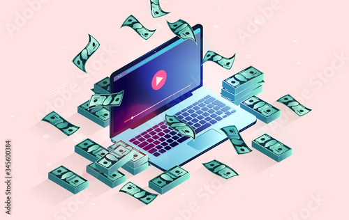 Video creator money - laptop computer with dollar money in stacks, and flying in air. Vlog, video content, influencer income and make money online concept. Vector illustration.