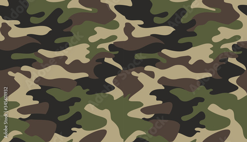 Camouflage pattern background vector. Classic clothing style masking camo repeat print. Virtual background for online conferences, online transmissions. Green brown black olive colors forest texture photo