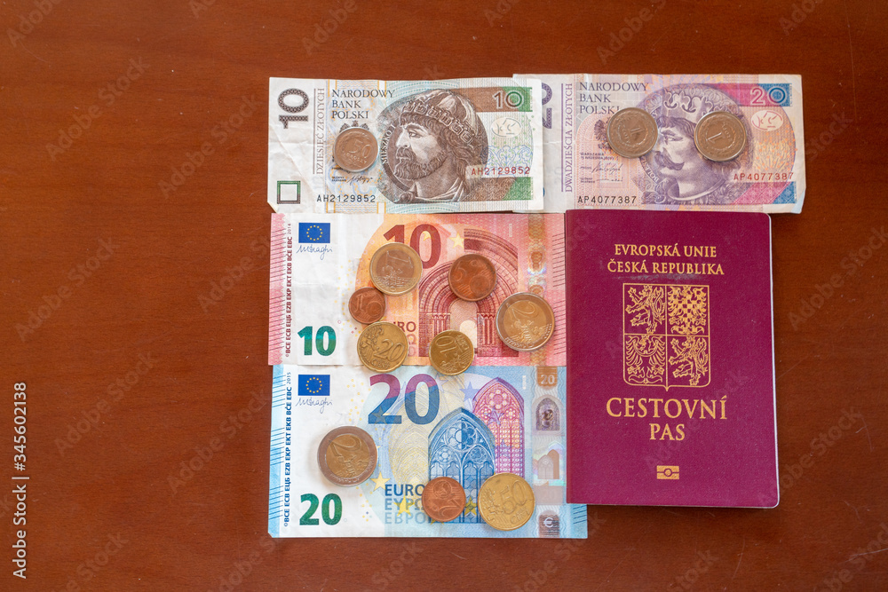 various euro banknotes and coins PLN and passport