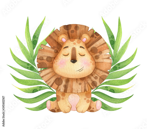 Photography Cute lion with tropical twigs meditating