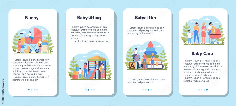 Babysitter service or nanny agency mobile application banner set.