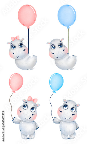 Cute cartoon baby boy and girl hippos with balloons set on a white background