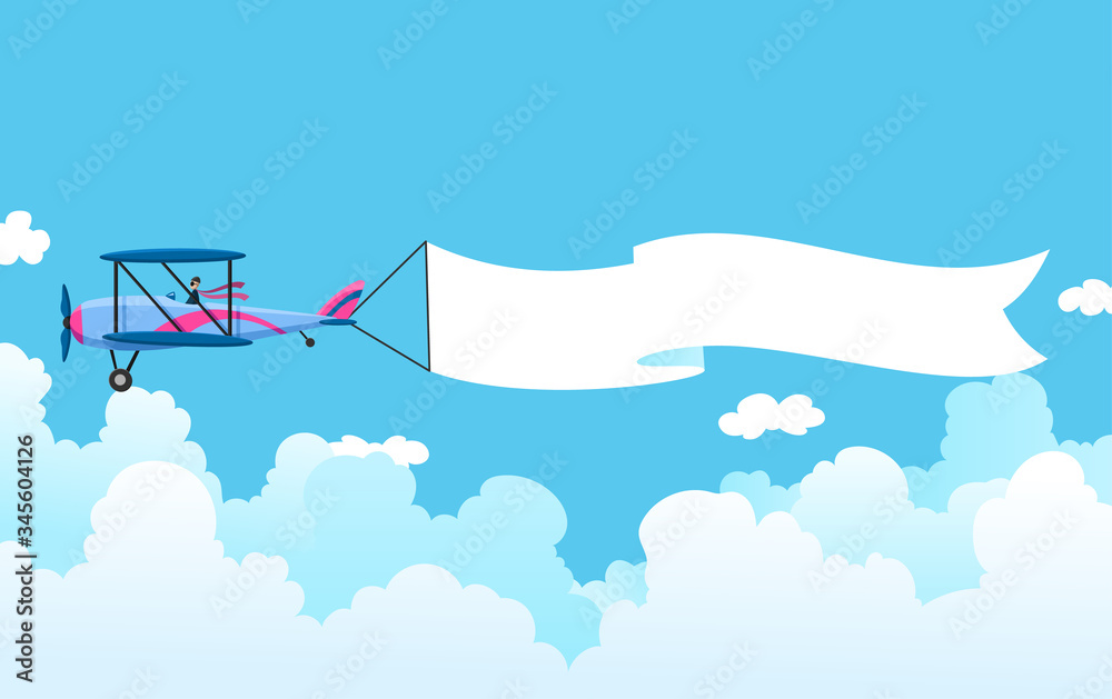 Retro airplane with a banner. Biplane aircraft pulling advertisement banner. Plane with white ribbon for message area. Vector illustration Retro airplane with a banner. Biplane aircraft pulling advertisement banner. Plane with white ribbon for message area. Vector illustration