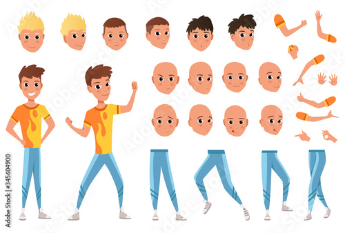 Fototapeta Naklejka Na Ścianę i Meble -  Young man character creation set. Full length, different views, emotions, gestures, isolated against white background. Build your own design. Cartoon flat-style infographic illustration